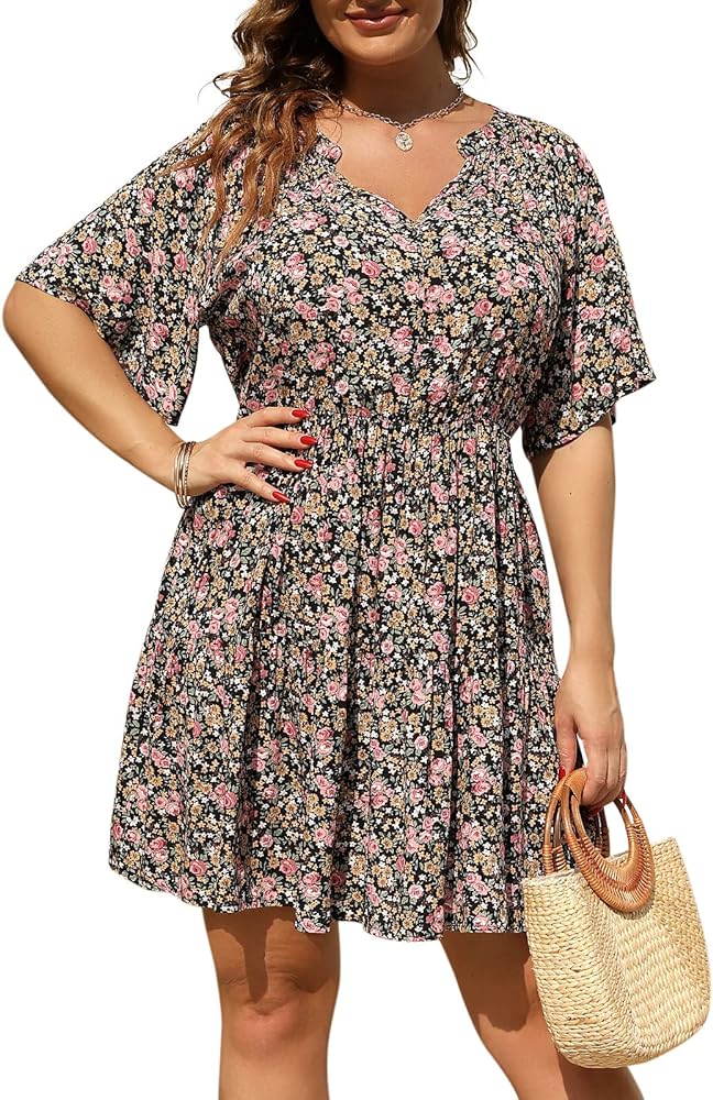 Nemidor Womens Plus Size Floral Print Boho Casual Layered Swing Skater Dress with Pocket NEM299