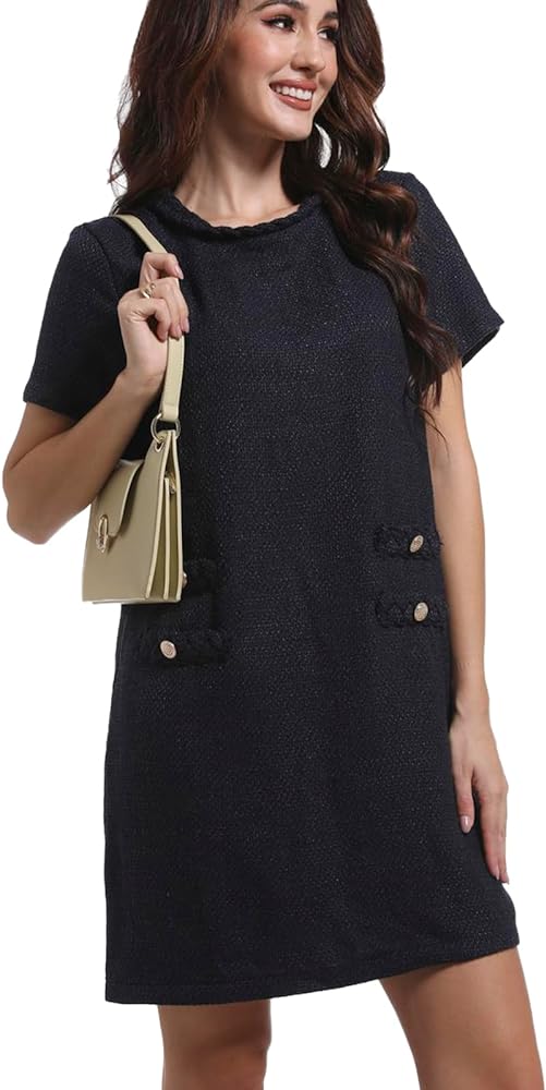 Tweed Jackie Dresses for Women Short Sleeves Crew Neck A-line Party Elegant Vintage Work Shift Mini Dress 2024