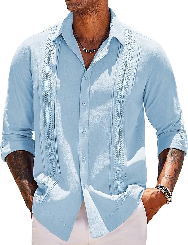 COOFANDY Men's Cuban Guayabera Shirts Long Sleeve Casual Button Down Shirt Cotton Beach Tops