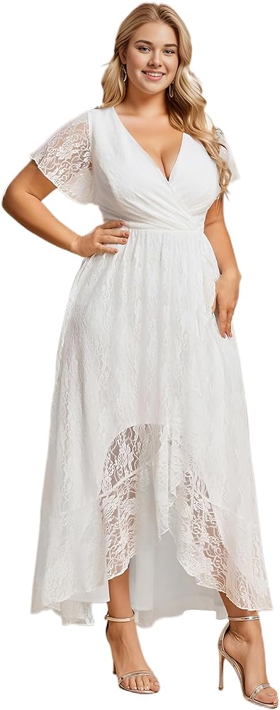 Ever-Pretty Women's V Neck Ruffles Sleeves Pleated Loose Lace High Low Plus Size Formal Wedding Guest Dresses 01489-DAPH