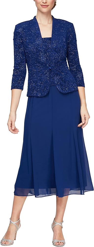 Alex Evenings Women's Jacket Dress, Perfect for Weddings, Formal Events (Petite and Regular Sizes), Electric Blue Tea Length, 12P