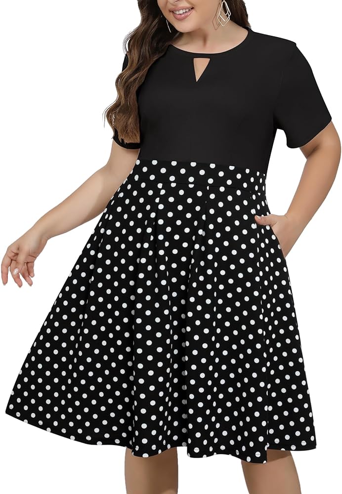 Sureple Women'S Plus Size Casual Dress Short Sleeve Pleated Vintage Cocktail Aline Midi Dresses with Pocket