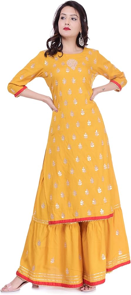 Women's Rayon Kurti Hand Work Gotta Patti Palazzo Set, Yellow