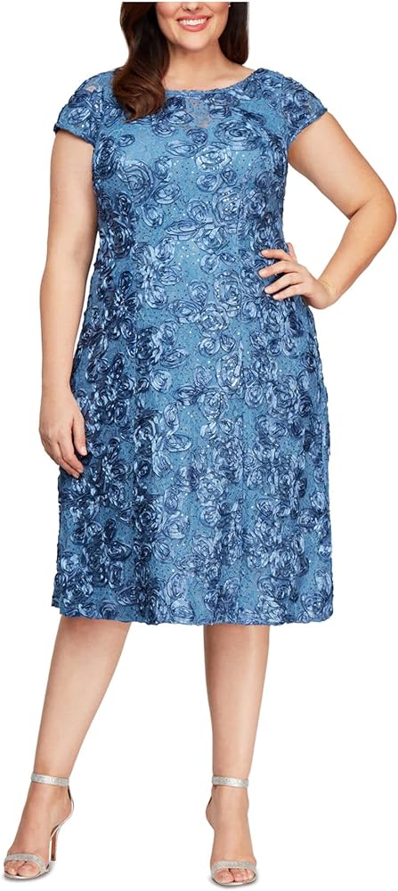 Alex Evenings Women's Plus Size Tea Length Dress with Rosette Detail