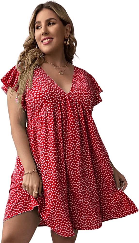 Floerns Women's Plus Size Floral V Neck Ruffle Sleeve Short Summer Dress A Red 0XL