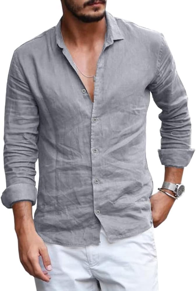 Mens Button Down Shirt Linen Cotton Shirts Casual Long Sleeve Spread Collar Lightweight Beach Plain Tops