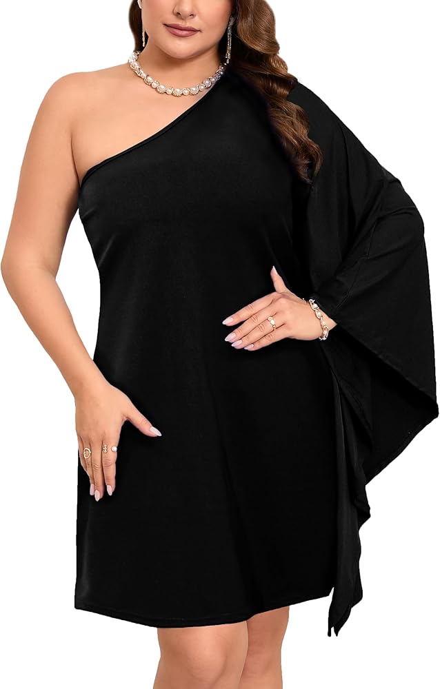 ZOMVA 2024 Plus Size 0X-4X One Shoulder Batwing Sleeve Sexy Mini Dress Off Shoulder Flattering Dresses Wedding Cocktail Party