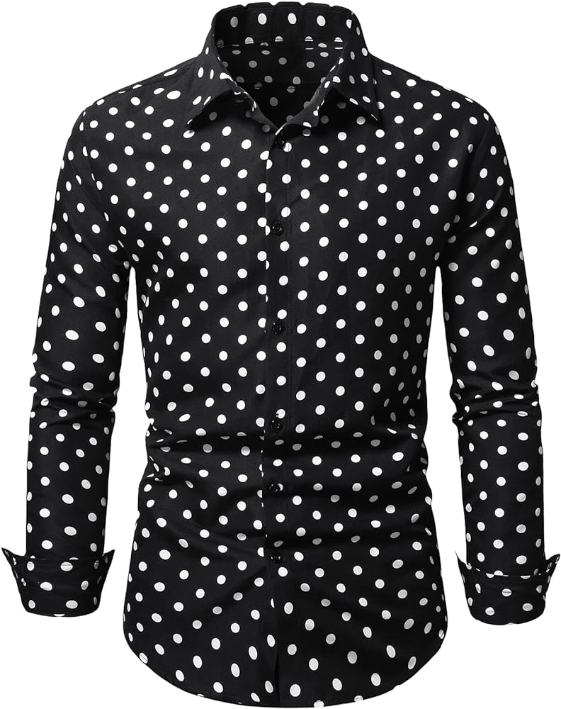 WDIRARA Men's Polka Dots Button Front Long Sleeve Collar Shirt Casual Tops