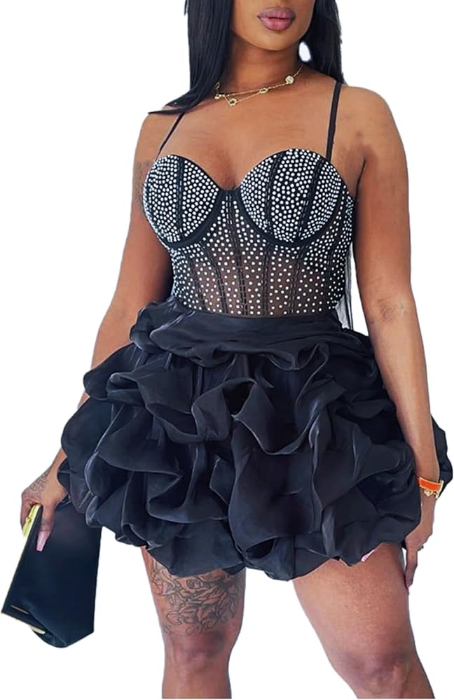 Vaceky Sexy Rhinestone Dress Women Sparkly Sheer Mesh Spaghetti Strap A-Line Puffy Mini Dresses