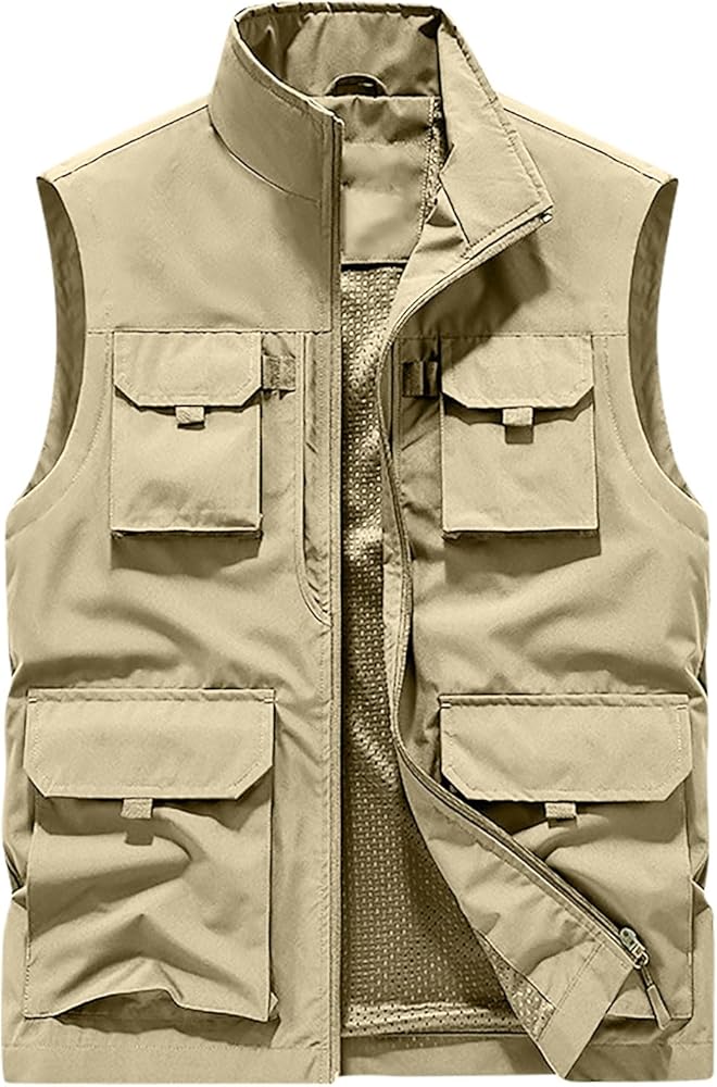 Men's Cargo Vests Outdoor Mesh Safari Fishing Travel Photo Work Vest Multi Pockets Breathable Waistcoat Jackets