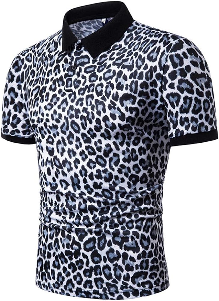 Mens Leopard Print Fashion Short Sleeve Large Size Casual Polo Shirt Tops Clothing Blouse