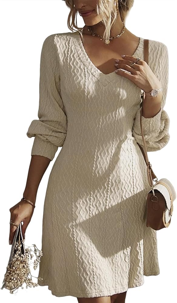 Dokotoo Work Dresses for Women 2024 Trendy Fall Dresses V Neck Knit A Line Long Sleeve Dress Sweater Dress