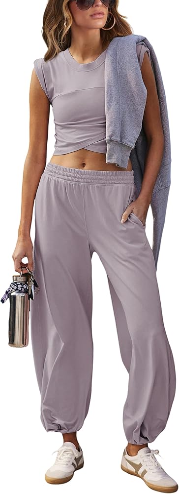 Springrain Womens Two Pieces Outfits Casual Lounge Sets Cropped Tops Sweatpants Tracksuit with Pockets