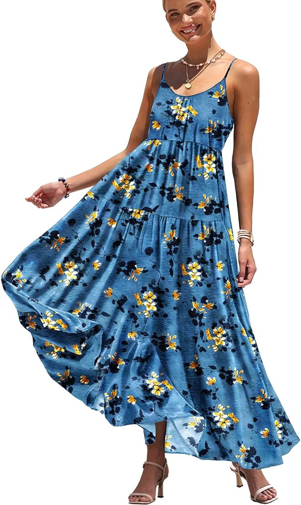 YESNO Summer Bohemian Floral Dresses for Women Spaghetti Straps Maxi Dress Casual Flowy dresses with Pockets ES0