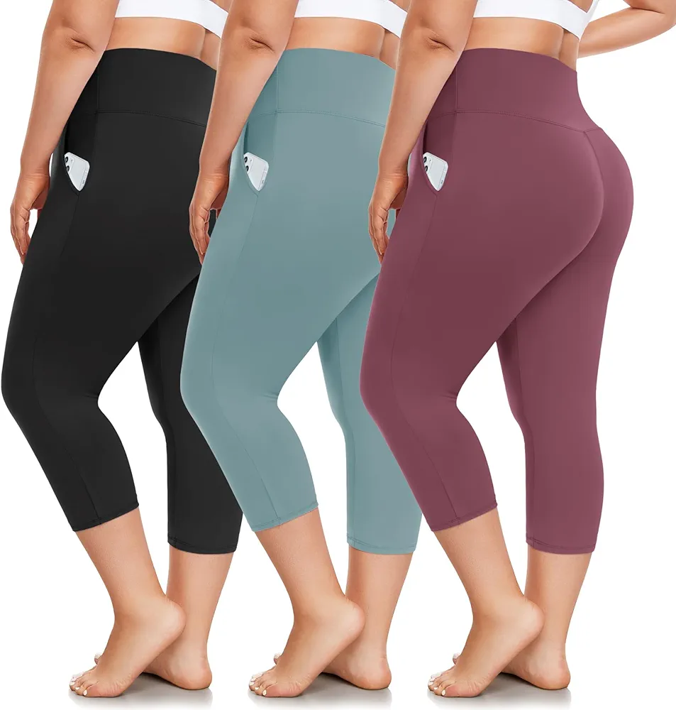 FULLSOFT 3 Pack Plus Size Capri Leggings with Pockets for Women -High Waist Stretchy 1X-4X Workout Yoga Pants