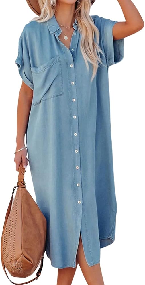 CUPSHE Dress for Women Bell Sleeve Button Down Dress Short Sleeve V Neck Casual Shirt Cover up Dress