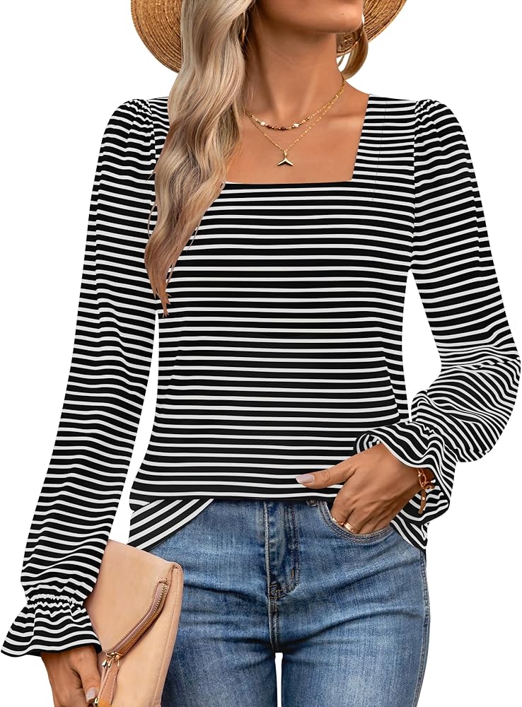 ZESICA Women's Long Sleeve Square Neck Shirts 2024 Fall Causal Trendy Striped Tops