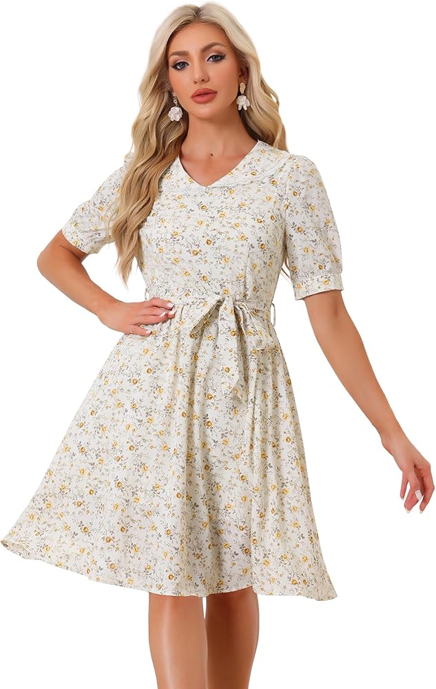 Allegra K Women's Vintage Peter Pan Collar High Waist Flowy Midi Puff Sleeve Floral Dress