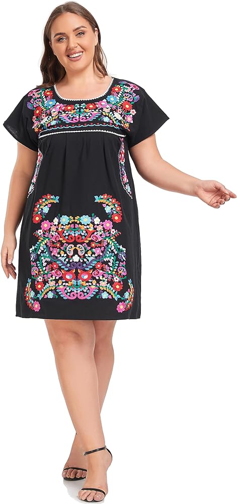 YZXDORWJ Women's Mexican Embroidered Plus Size Dress Floral Causal Fiesta Theme Boho Short Sleeve XXL Dress