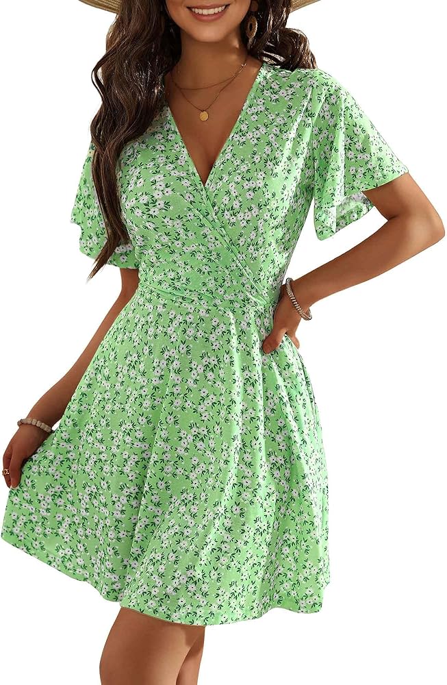 OURIN Women's Wrap V Neck Ruffle Sleeve Sundress Floral Mini Summer Dresses with Pockets 2024