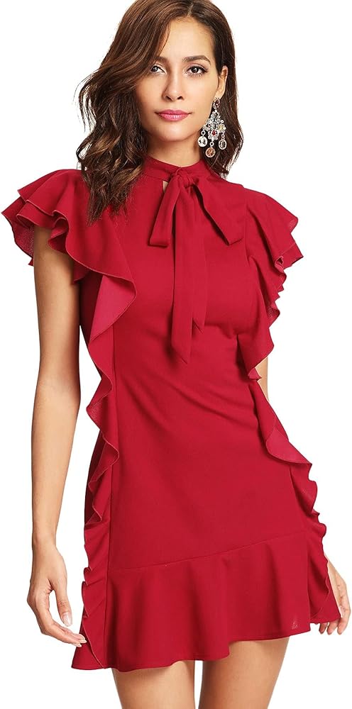 Floerns Women's Tie Neck Short Sleeve Ruffle Hem Cocktail Party Dress