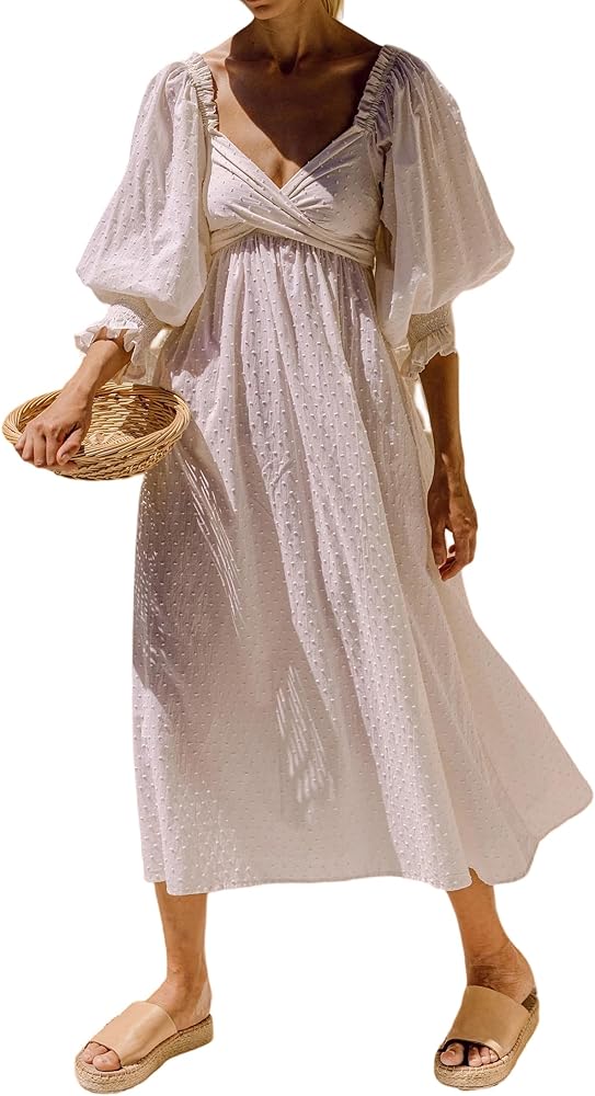 R.Vivimos Women's Summer Boho Cotton Puff Sleeve Dress Swiss Dots Lace Up Smocked Casual A-Line Flowy Midi Dress