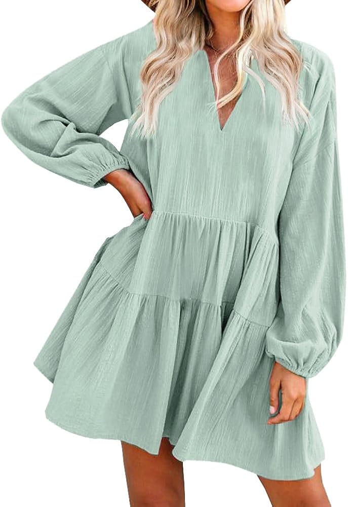 FANCYINN Cute Shift Tunic Dress for Women Ruffle Swing Babydoll Mini Long Sleeve Dress with Pockets