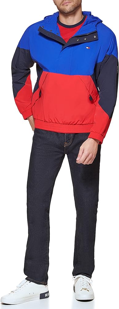 Tommy Hilfiger Men's Retro Lightweight Taslan Hooded Popover Water Resistant Windbreaker Jacket