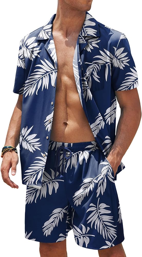 COOFANDY Mens Hawaiian Shirt and Shorts Set 2 Piece Vacation Outfits Floral Button Down Shirt