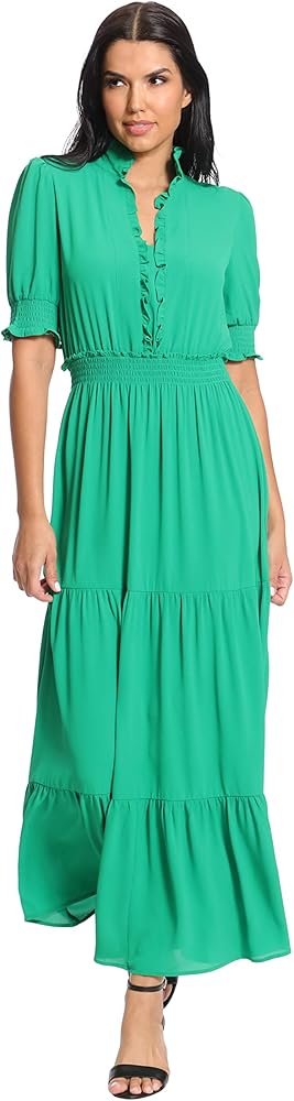 London Times Women's Petite Smocked Puff SLV Ruffle Nk Tiered Midi Dress