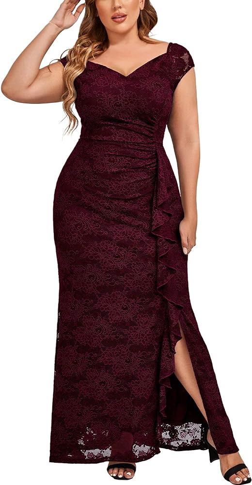 Miusol Women's Plus Size Floral Lace Off Shoulder Side Split Formal Evening Party Maxi Dress