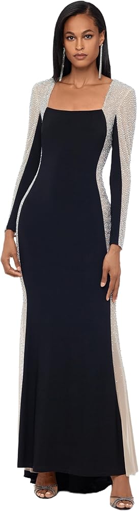 Xscape Women's Long Sleeve Square Neck Caviar Beaded Mesh Panels Dress (Standard & Petite)