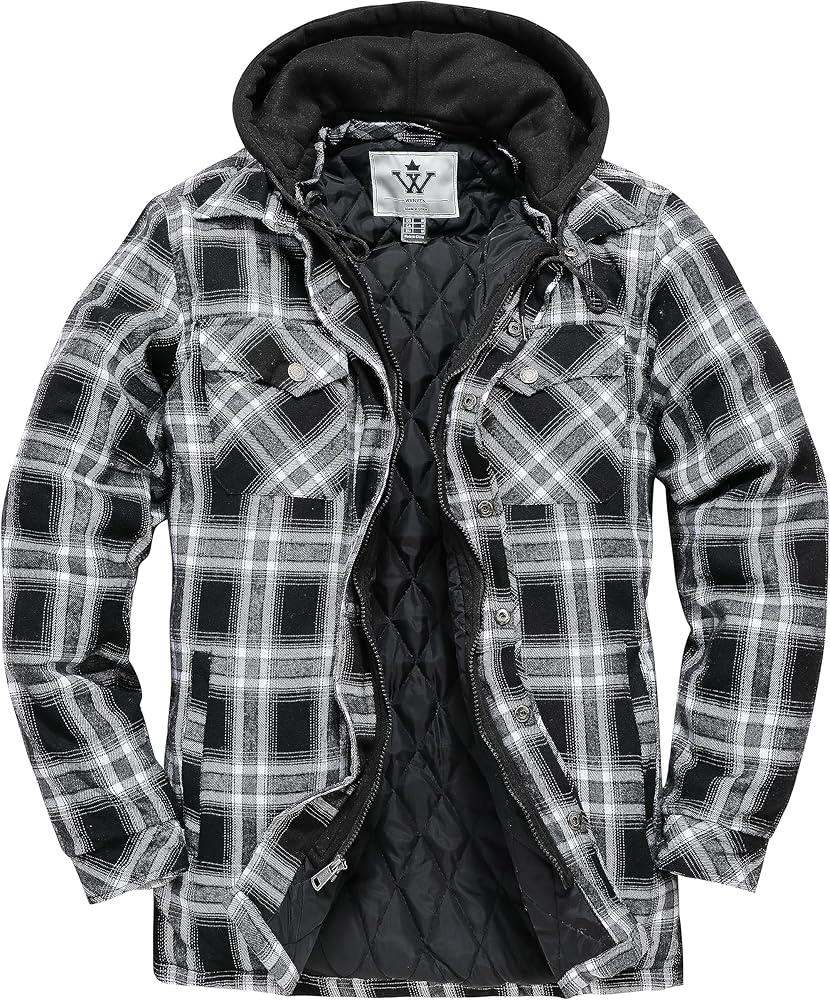 WenVen Men's Thicken Plaid Flannel Quilted Shirts Jacket with Removable Hood