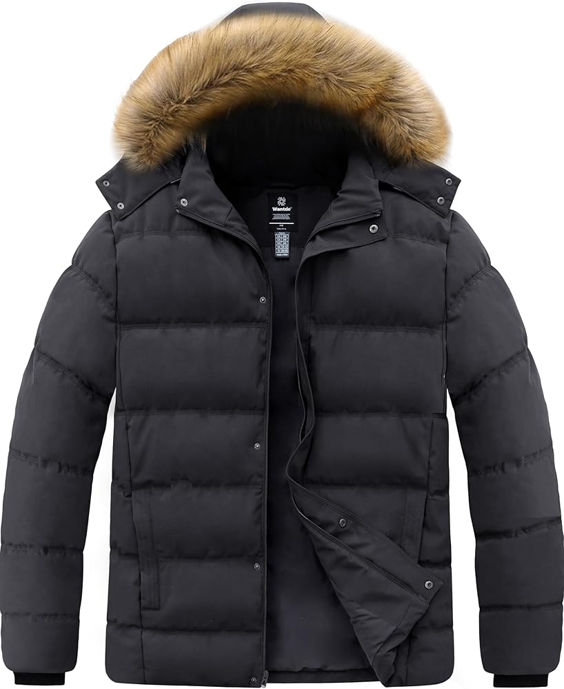 wantdo Men's Big and Tall Winter Coat Warm Puffer Jacket Thicken Cotton Coat with Removable Fur Hood