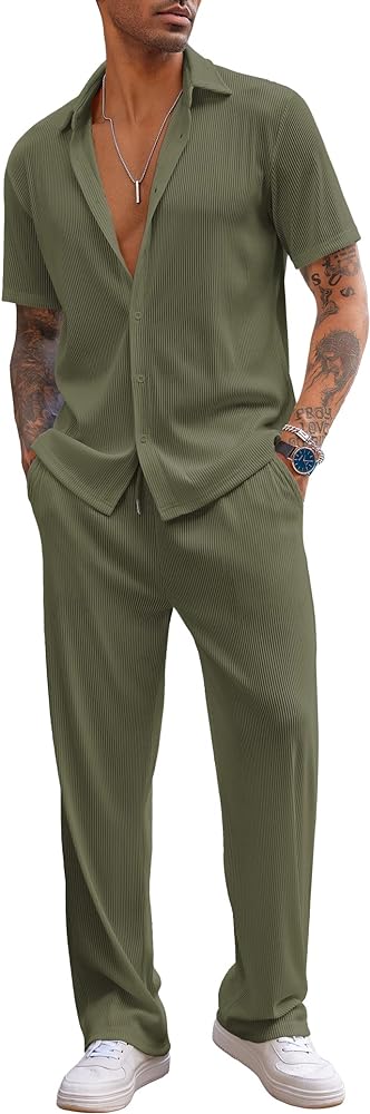 COOFANDY Men's 2 Piece Outfit Casual Short Sleeve Button Down Shirt Beach Summer Loose Pant Sets