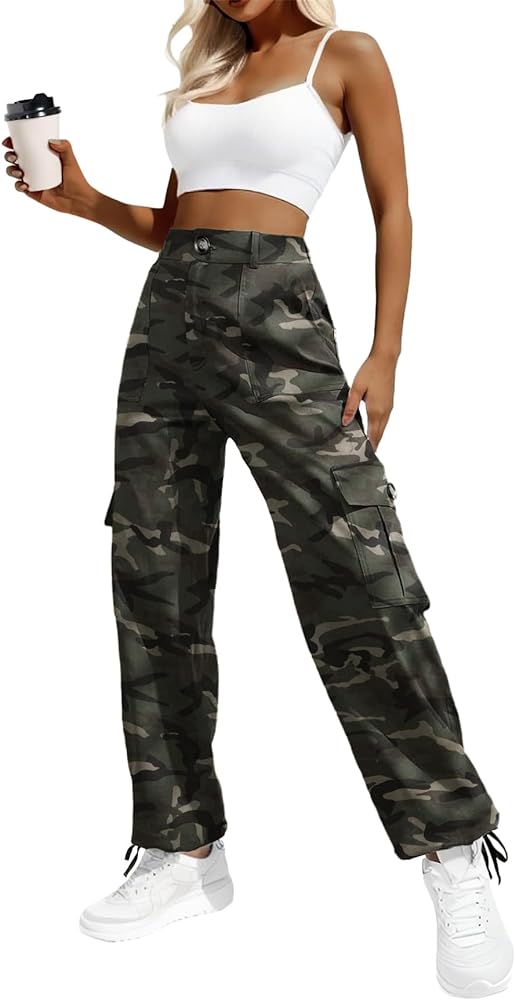 Women's High Waisted Cargo Pants Travel Y2K Streetwear Baggy Stretchy Pants with 6 Pockets Drawstring Ankle Cuffs