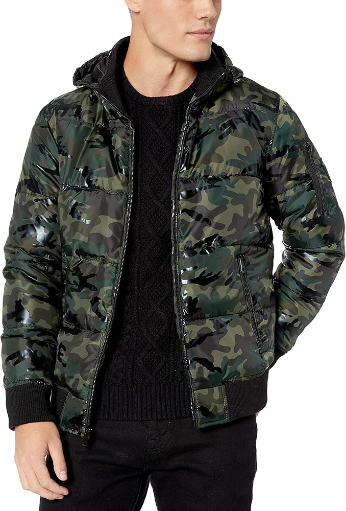 GUESS Men's Mid-Weight Puffer Jacket With Removable Hood