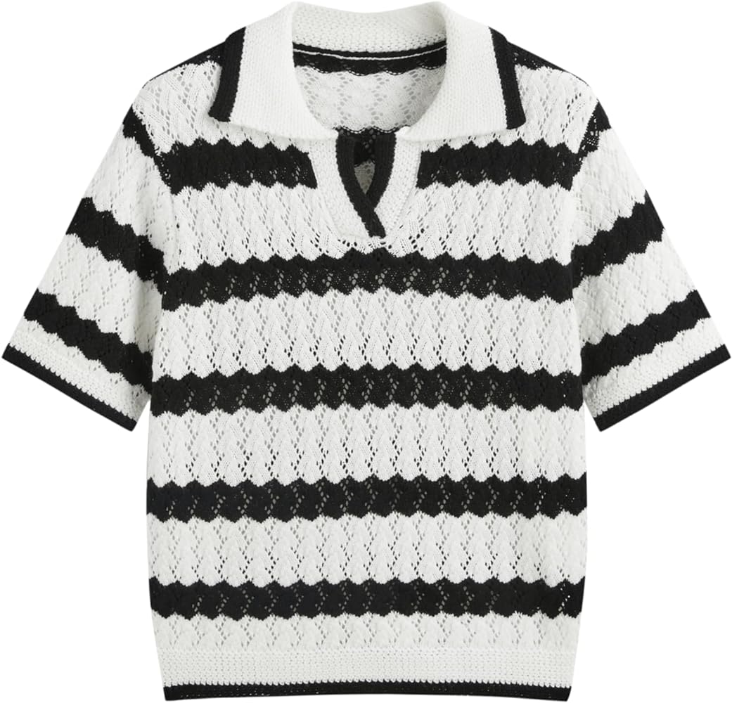 CIDER French Riviera Vacation Polo Striped Hollow Out Knitted Short Sleeve Top