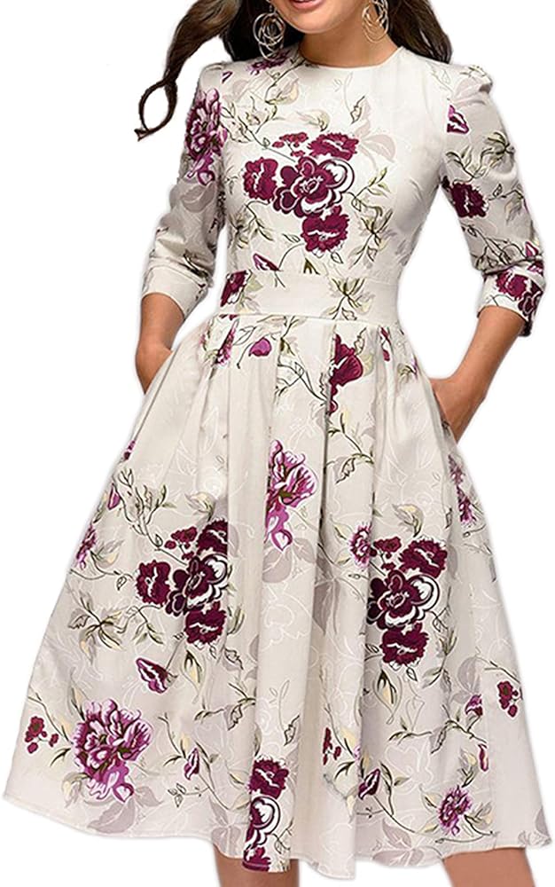 Simple Flavor Women's Floral Vintage Dress Elegant Midi Evening Dress 3/4 Sleeves