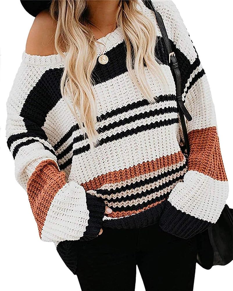 ZESICA Women's 2024 Fall Long Sleeve Crew Neck Striped Color Block Casual Loose Knitted Pullover Sweater Tops