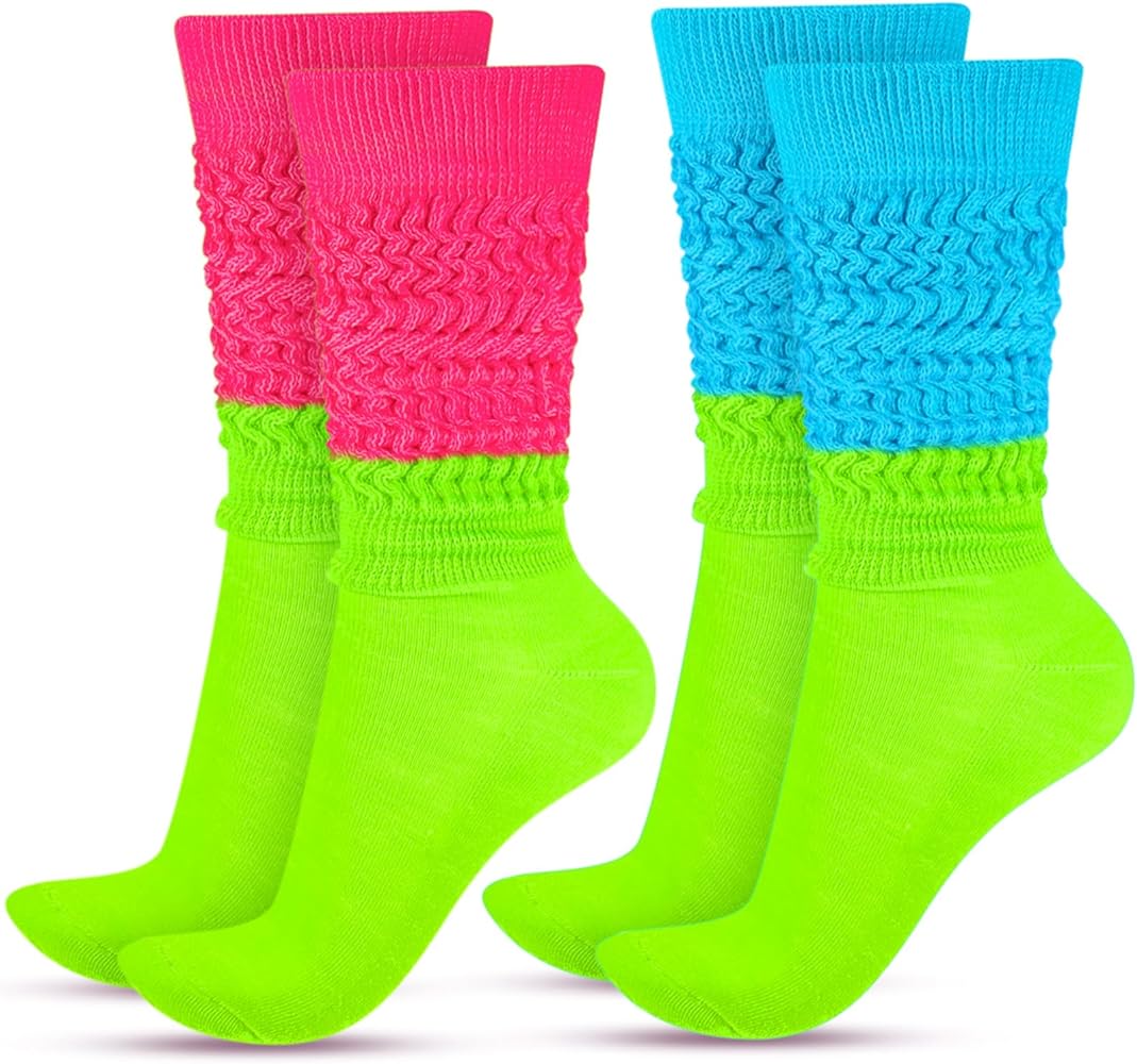 2 Pairs 80s Neon Women's Extra Long Heavy Slouch Socks Extra Tall Heavy Socks Thick Scrunchie Socks Size 9 to 10