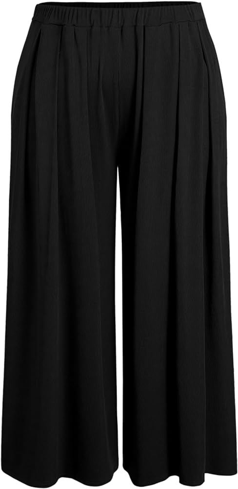 CIDER Solid Elastic Waist Pocket Wide Leg Pants Curve & Plus