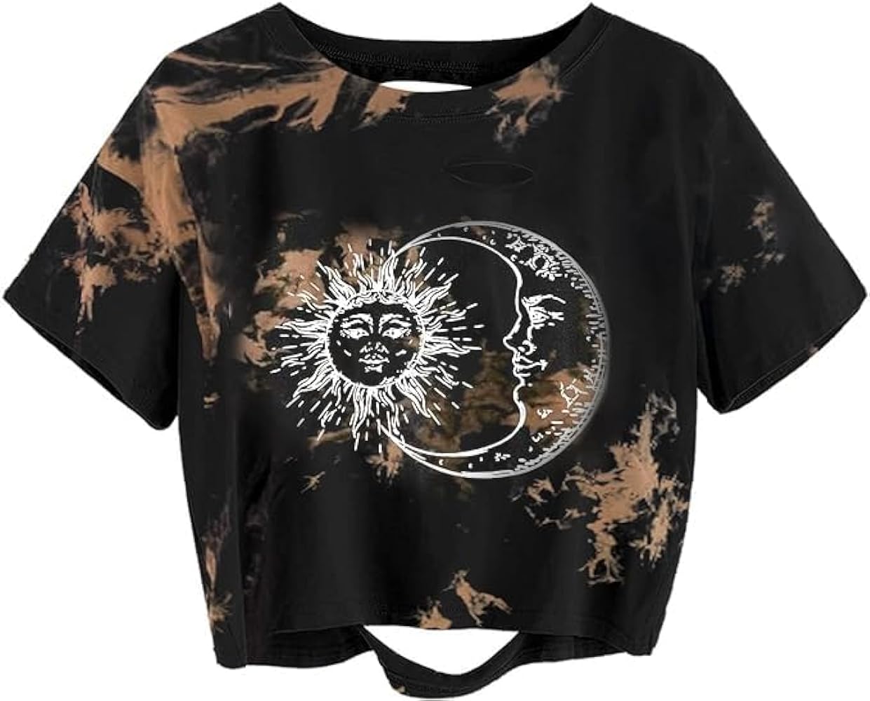 Avanova Women Sun Moon Graphic Distressed Crop Top Oversized Short Sleeve Ripped Tee Shirt