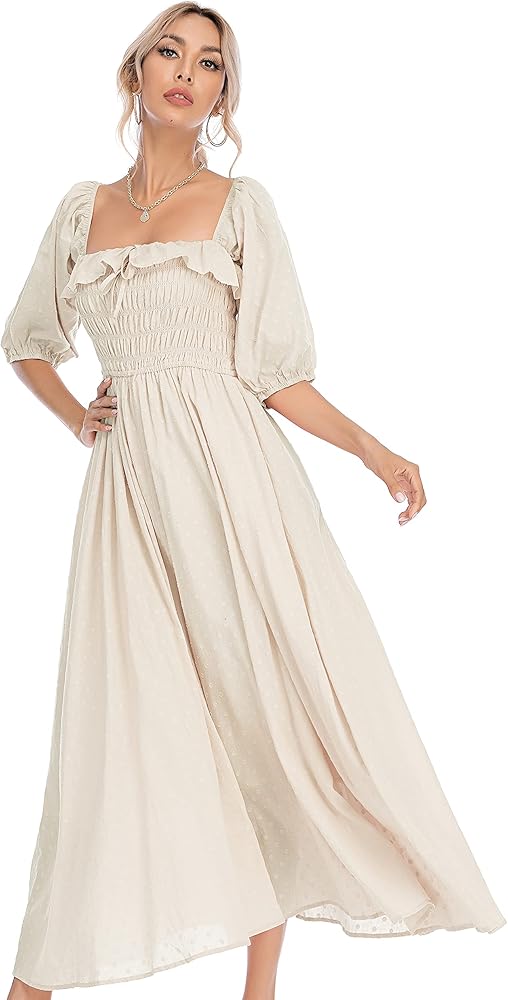 R.Vivimos Women Summer Half Sleeve Cotton Ruffled Vintage Elegant Backless A Line Flowy Long Dresses