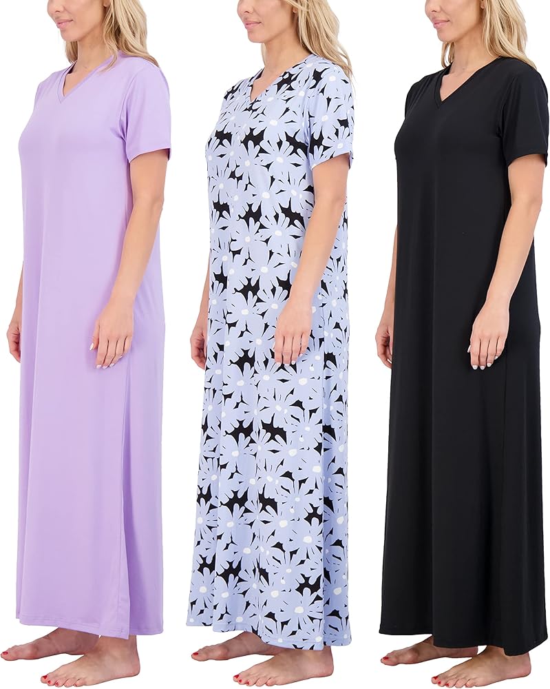 Real Essentials 3 Pack: Women's Soft Maxi Long Nightshirt Short Sleeve Soft Nightgown Sleep Dress (Available in Plus Size)