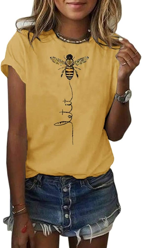 Pfvkeree Womens Cute Bee Graphic Tee Shirts Short Sleeve Let It Bee Funny Letter Print Summer T-Shirt Tops