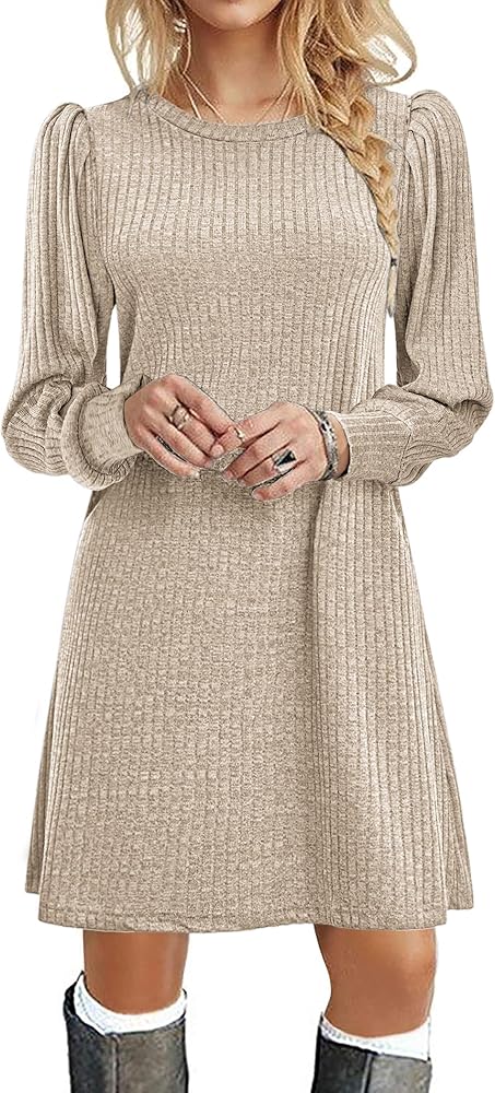 Zeagoo Women Knit Dress Puff Long Sleeve Dress for Fall Winter Round Neck Casual Tunic Dress