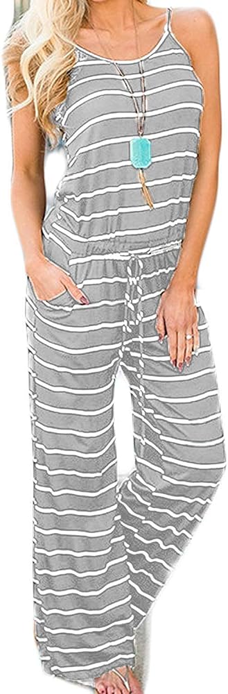 Artfish Women Casual Sleeveless Spaghetti Strap Striped Lounge Pajama Jumpsuit