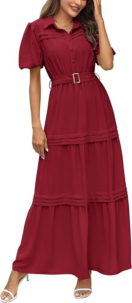 PRETTYGARDEN Women's Summer Maxi Dress Puff Short Sleeve Lapel V Neck Tiered A Line Flowy Elegant Party Dresses with Belt