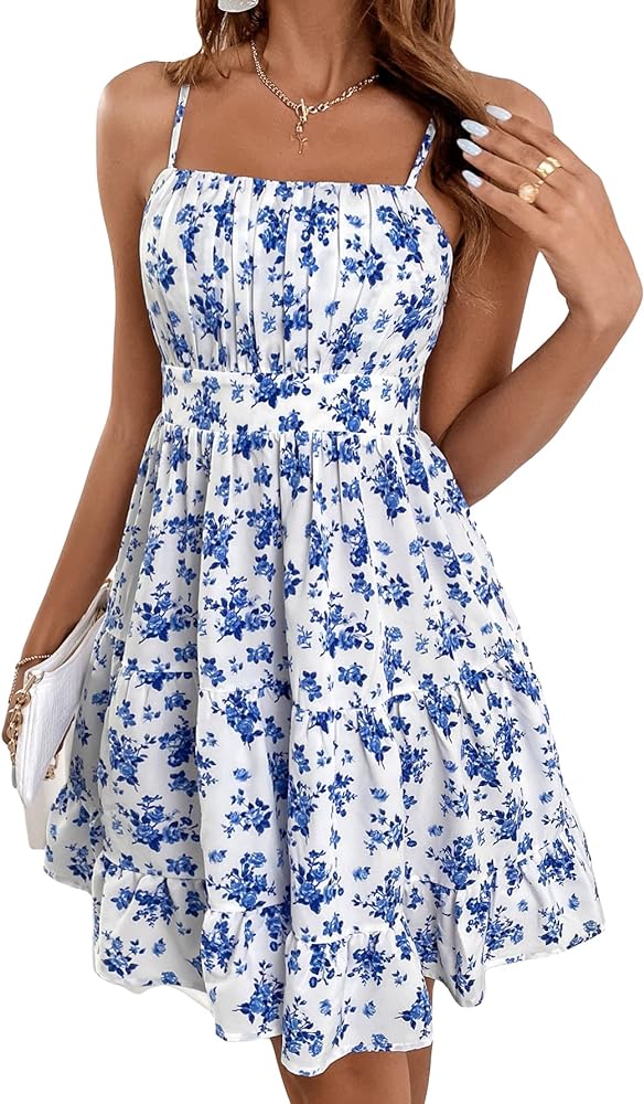 Verdusa Women's Floral Print Ruched Sleeveless Ruffle Hem A Line Swing Cami Dress